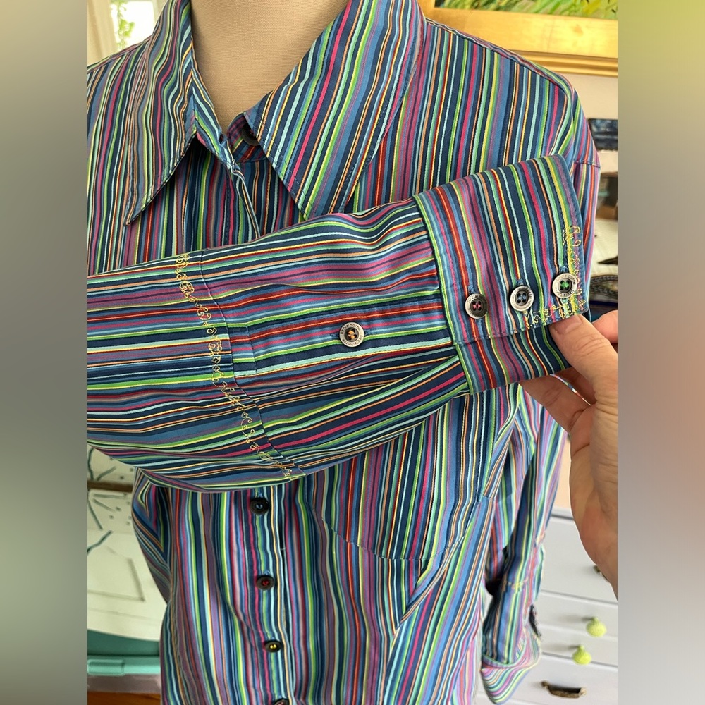 Liz Claiborne Striped Rainbow Blouse L Yellow Stitching VGUC Modern Arty - Picture 4 of 5